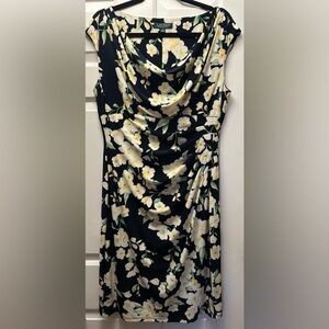 Ralph Lauren cocktail dress, 14, stretchy, dark blues white yellow flowers